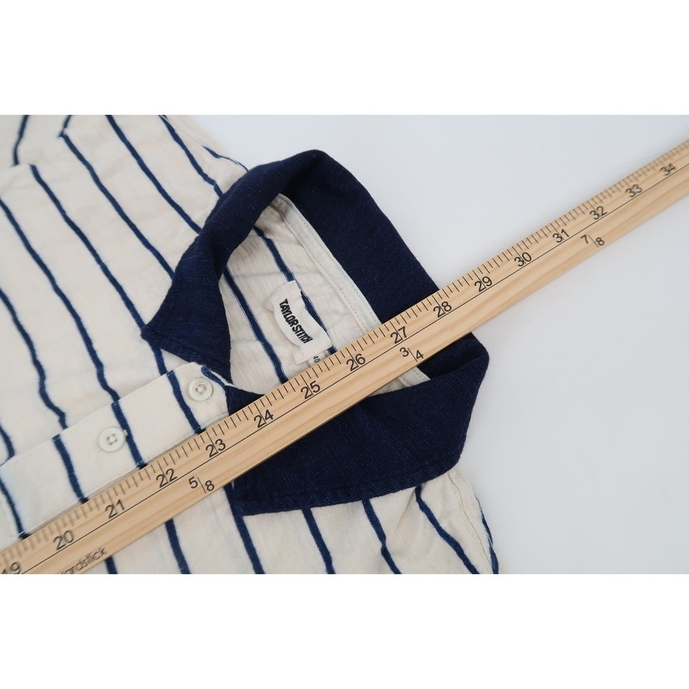 Taylor Stitch Mens 40 Cream Navy Striped Denim Collar Short Sleeve Polo Shirt - Picture 8 of 8